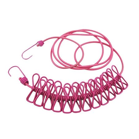 Demarkt Flexibel Wäscheleine mit 12 Stück Klammern und 2 Stück Haken Praktische Seile für Reise Camping Picknick Rot