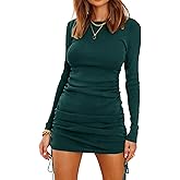 BTFBM Women Ruched Bodycon Drawstring Fall Dress Plain Solid Crew Neck Long Sleeve Casual Stretch Knit Tight Short Dresses
