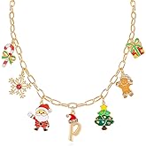 NEKOL Christmas Initial Letter-P Charm Necklace for Women, Candy Canes Snowflakes Santa Claus Christmas Tree Gingerbread Man Gift Box Colorful Holiday Charms Necklace for Personalized Christmas Gifts