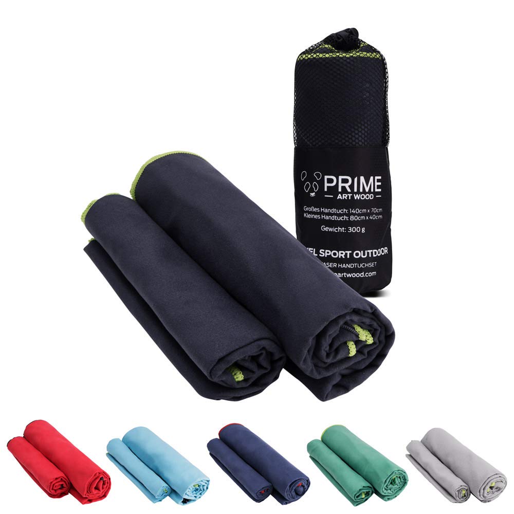 PRIME ART WOOD Microfibre Towels, Quick-Drying, Absorbent, Super Soft, Many Sizes and Colours, Travel Towel, Sports Towel, Bath Towel (Anthracite, Set 1: 140 x 70 cm + 80 x 40 cm)