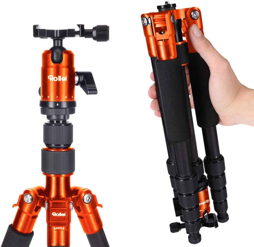 Rollei Compact Compact Traveler No I Aluminium I Orange I Leichtes-Reisestativ I Foto-Stativ mit geringem Packmaß I Kugelkopf und Stativtasche