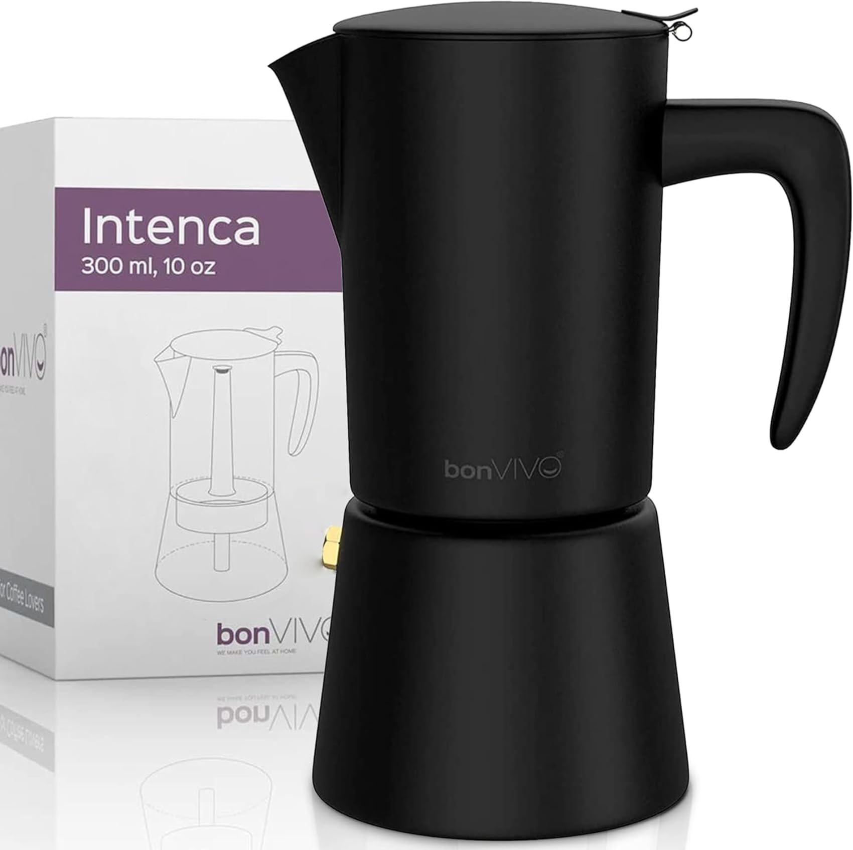 bonVIVO Moka Pot 6 Cup Stainless Steel Intenca, Black Finish Stovetop Espresso Maker, Italian Coffee Pot for Home, Heat Resistant, Easy Clean, 300ml