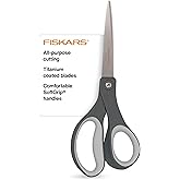 Fiskars 8" Everyday Titanium SoftGrip All Purpose Scissors for Office, Gray | Titanium Blades Stay Sharp Longer, Home, Arts &amp; Crafts Scissors for Cutting Paper, Cardboard, Photos &amp; More, Gray
