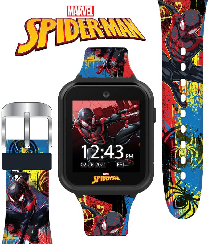 Spider-Man Kids LED Smartwatch with 10 Watch Faces, Flashing LED Bezel, Step Counter, Selfie and Video Camera, Timer, Stopwatch, Alarm, Calculator, Fun Games, and 3 Wallpapers – Fits Wrists 5.5