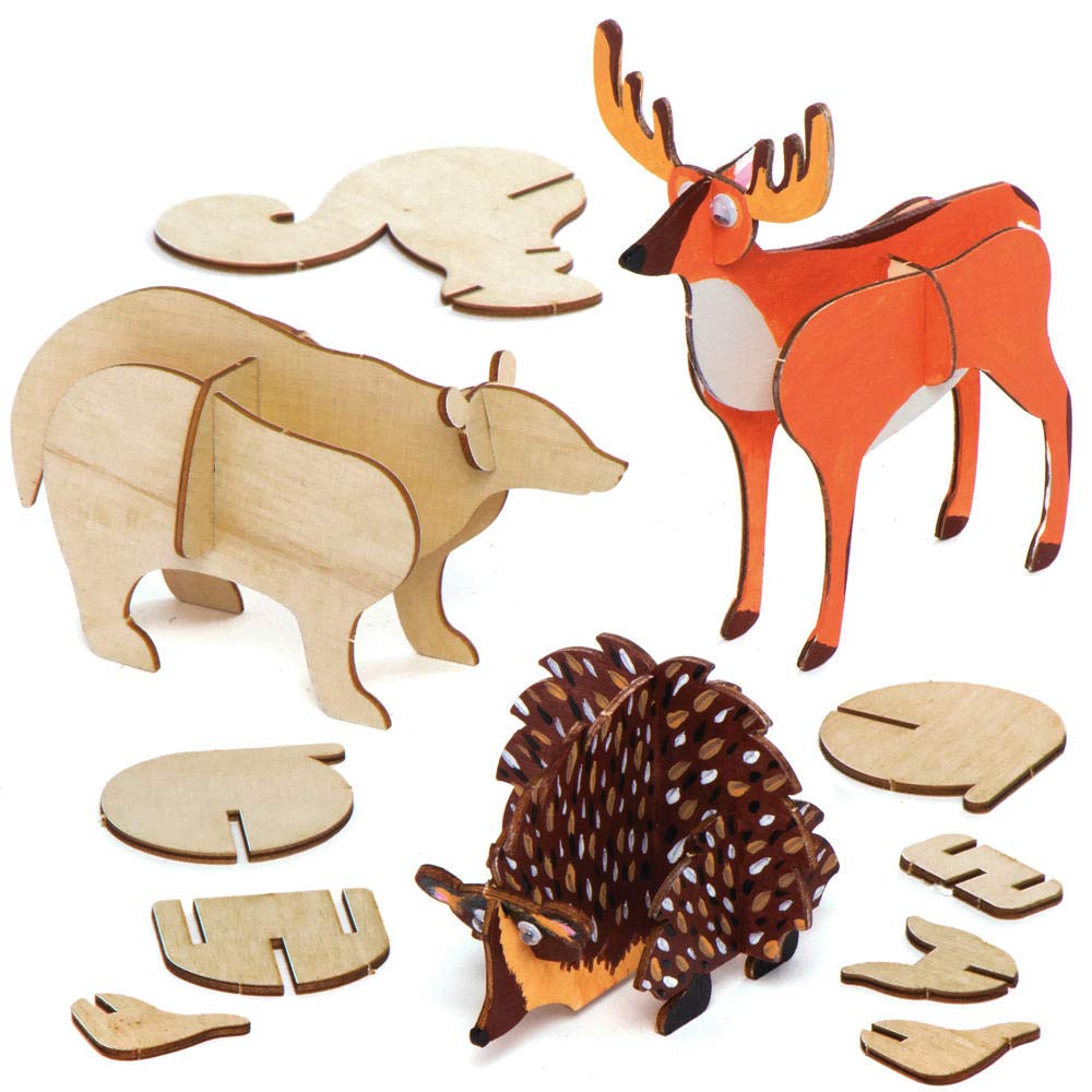 Baker Ross AX196 Woodland Animal Woodcraft Kits - Pack of 5, Woodcraft Kits for Kids Arts and Crafts Projects and Wood Painting