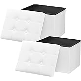 AmasSmile 2PC Storage Ottoman Foot Rest Stool, 17 inch Velvet Footstool Bench, Short Ottomans Stool, Small Folding Storage Ottoman Store Books, Records, White