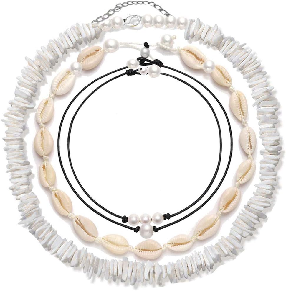 4 Pcs Shell Choker Necklace Chips 14 16 18 Inch Seashell Short Hawaiian Bohemia Summer Beach Bohemia Jewelry Set Hawaii Waikiki Cowrie Beads Cord Pearls Pendants for Women Girls Adjustable Necklaces