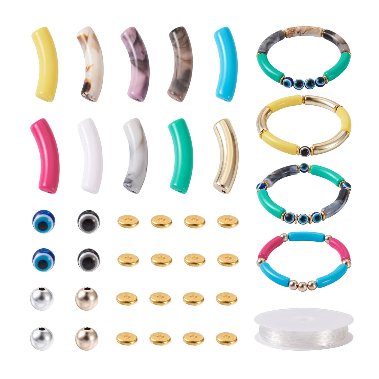 Pandahall 200Pcs Curved Tube Beads for Bracelets Making Acrylic Bamboo Tube Noodle Beads Evil Eye Resin Beads Brass Spacer Elastic Strings Jewelry Accessories