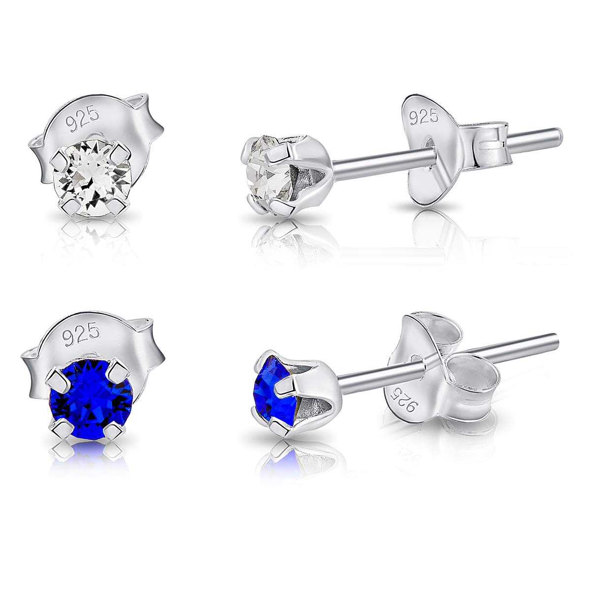 DTPSilver - Set of 2 PAIRS of 925 Sterling Silver Round TINY Stud Earrings made with Glittering Crystals from Swarovski® Elements - Diameter: 3 mm - Colour : Majectic Blue