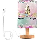 BOENLE Bedside Lamp Unicorn Table Lamp for Bedroom LED Nightstand Lamp Shade USB Ports Wood Base for Living Room Dorm Office