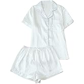 RoseSeek Women's 2 Piece Satin Pajama Set Striped Button Down Shirts and Pj Shorts Lounge Sets