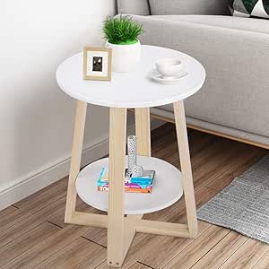 MQQ Mesa Auxiliar Redonda pequeña Mesa de Centro Esquina Mesa de Madera