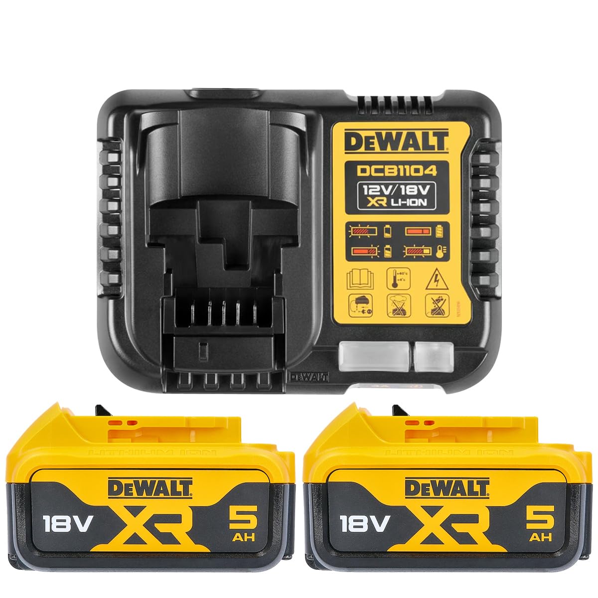 DEWALT B DCB184 5.0ah 18v XR Lithium Ion Battery Twin Pack With Charger, Yellow, 2 x 5.0Ah & DCB1104
