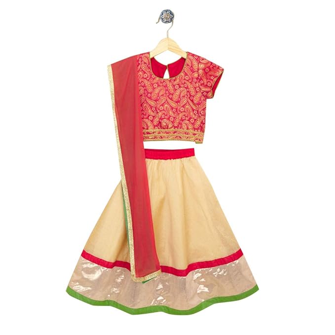 Kids Chakra By Hopscotch Girls Cotton Printed Blouses With Solid Lehengas With Dupatta in Red Color