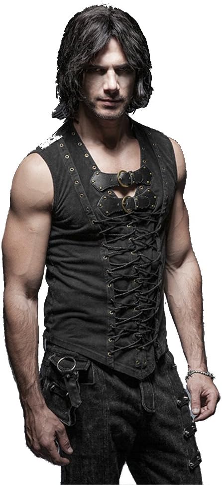 Punk Rock Man Cotton Leather Belt Sleeveless T-Shirt Front Strap Vest Bandage Casual Tank Tops