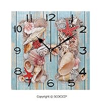 SCOCICI 8 inch Square Clock Seashells and Starfishes Marine Themed H On Soft Colored Surface Decorative Unique Wall Clock-for Living Room, Bedroom or Kitchen Use