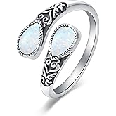Cargari Vintage Filigree Spoon Ring for Women 925 Sterling Silver Turquoise/Moonstone/White Opal Filigree Adjustable Ring Jewelry Gifts