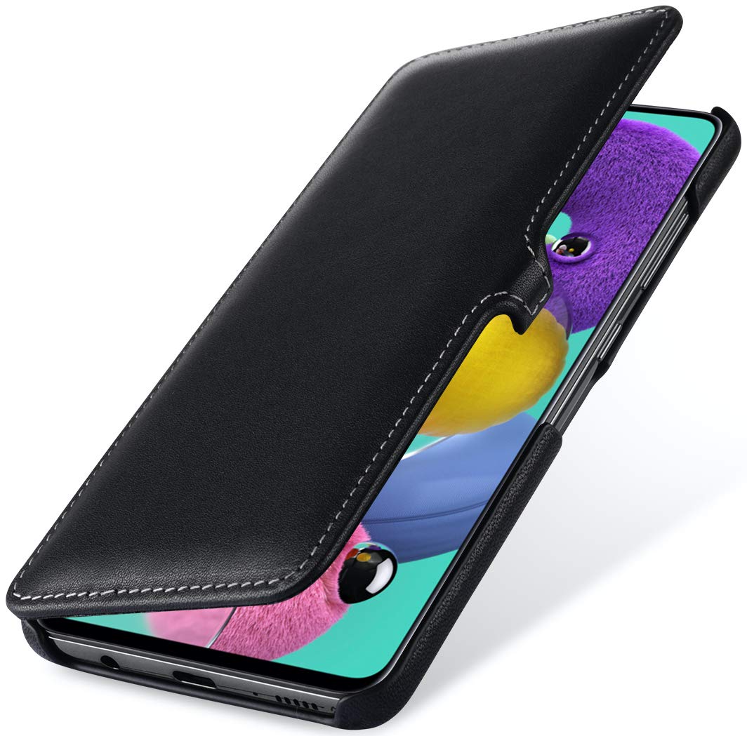 StilGut Book Type Flip Case for Galaxy A51, Genuine Leather Galaxy A51 Case with Closure, Black Nappa