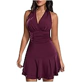BEAUDRM Women's Y2k Halter Dress Sexy Ruched Tie Backless Tiered Layer Mini Dresses Deep V Neck Club Party A Line Short Dress