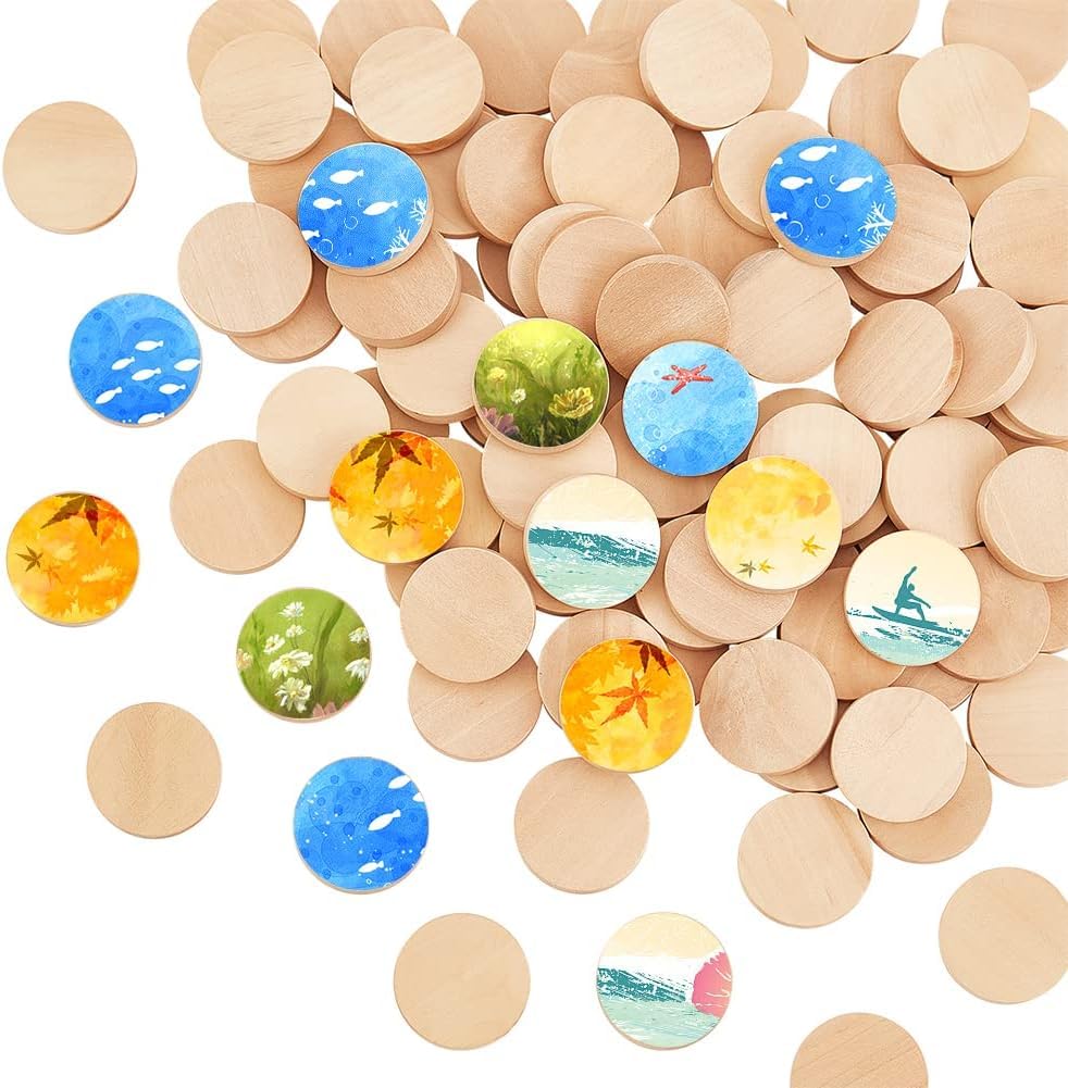 OLYCRAFT 100 x Unfinished Round Wooden Circles 0.98 Inches Natural White Discs for Painting, Wedding, Home Decoration, DIY and Craft Supplies