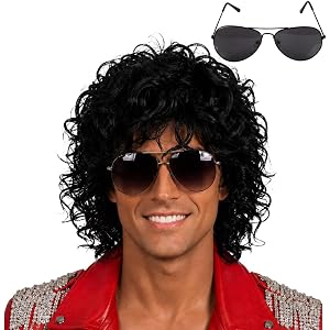 ColorGround Retro Wet Curl Wig with Black Sunglasses for Men 80s Pop Star Curly Black Wig with Natural Matte Finish for Hallo