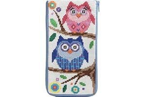 HOGDSEIRRS Stitch and Zip Preassembled Needlepoint Kit to Make Eyeglass or Cellphone Case Owls