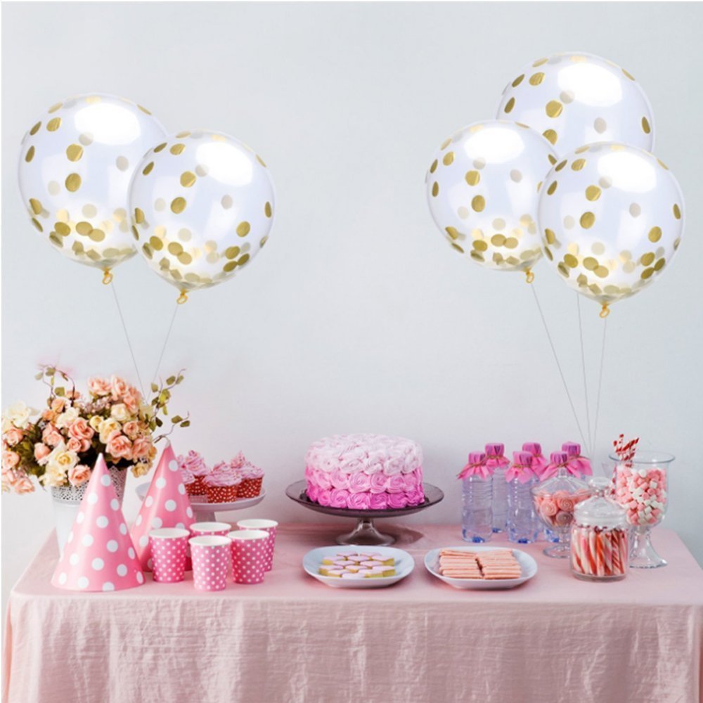 JER Gold Confetti Balloons, 16Pcs Party Decor Balloons Circle Confetti Filled with 12 inches Bonus Handmade Banner for Wedding Birthday Party Festival Decorations(16 Pcs Balloons + Pennant Garland)
