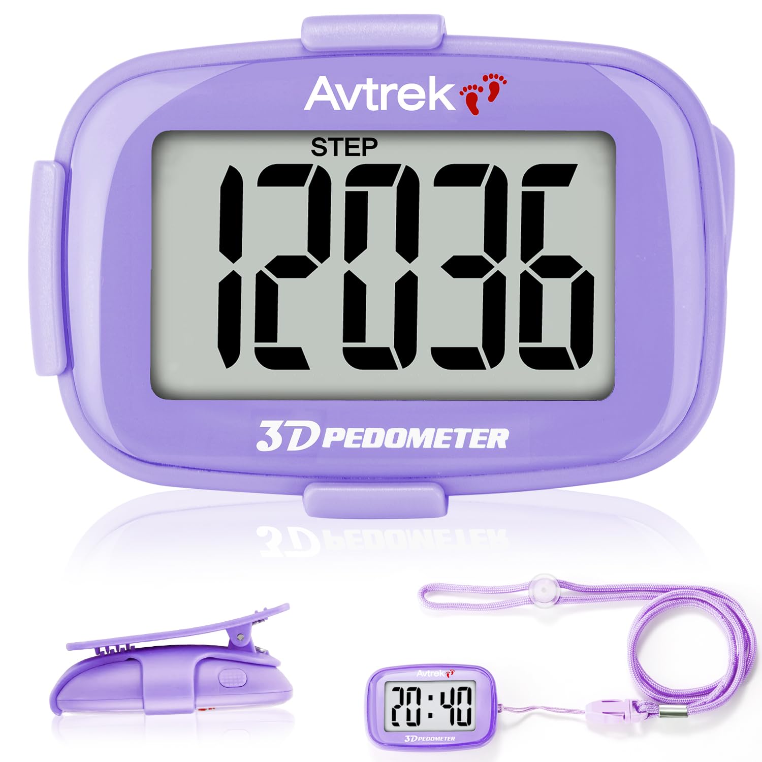 AVTREK Step Counter with Clip and Lanyard, 3D Pedometer with Time Display and LED Backlight, Simple Step Counter for Walking Running, Men Women Elder(Purple)