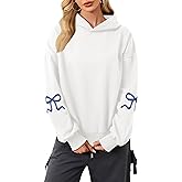 Soamat Womens Bow Print Hoodies Fleeced Oversized Hooded Sweatshirts Long Sleeve Cute Graphic Drop Shoulder Pullover Tops