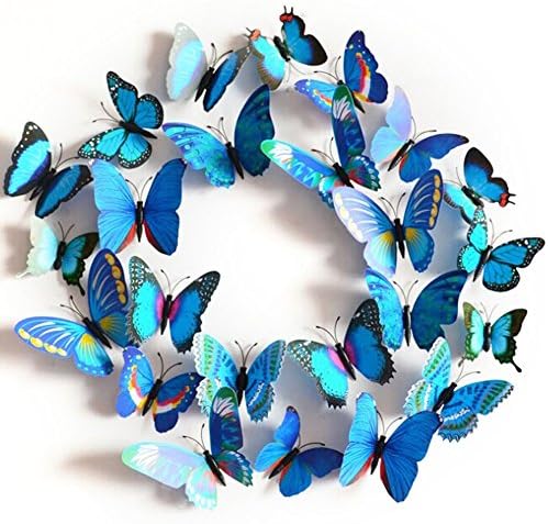 BestGrew 24pcs 3D Blue Butterfly Magnetic Stickers Home Decoration DIY Removable Vivid Handcraft Lively Butterfly Art DIY Decor Wall Stickers -(Free double-adhesive tape)