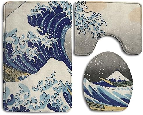Japan Kanagawa Bathroom Accessories Bath Rug Sets 3 Piece Bathroom Non-Slip Floor Mats Pedestal Rug + Lid Toilet Cover + Bath Mat