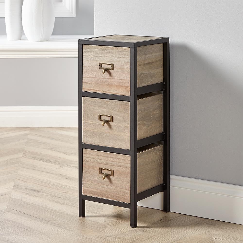 Home Source Solid Wood Chest Storage Unit, Bedroom Office Organiser, Metal Frame, 3 Drawer