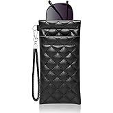 Yantoers Double Eyeglass Case Squeeze Top Glasses Pouch, Leather Soft Sunglasses Case with Carrying Strap (Black)
