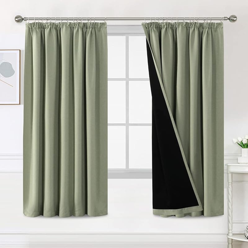 BellaHills 100% Blackout Curtains 66 x 72 Sage Pair Pencil Pleat