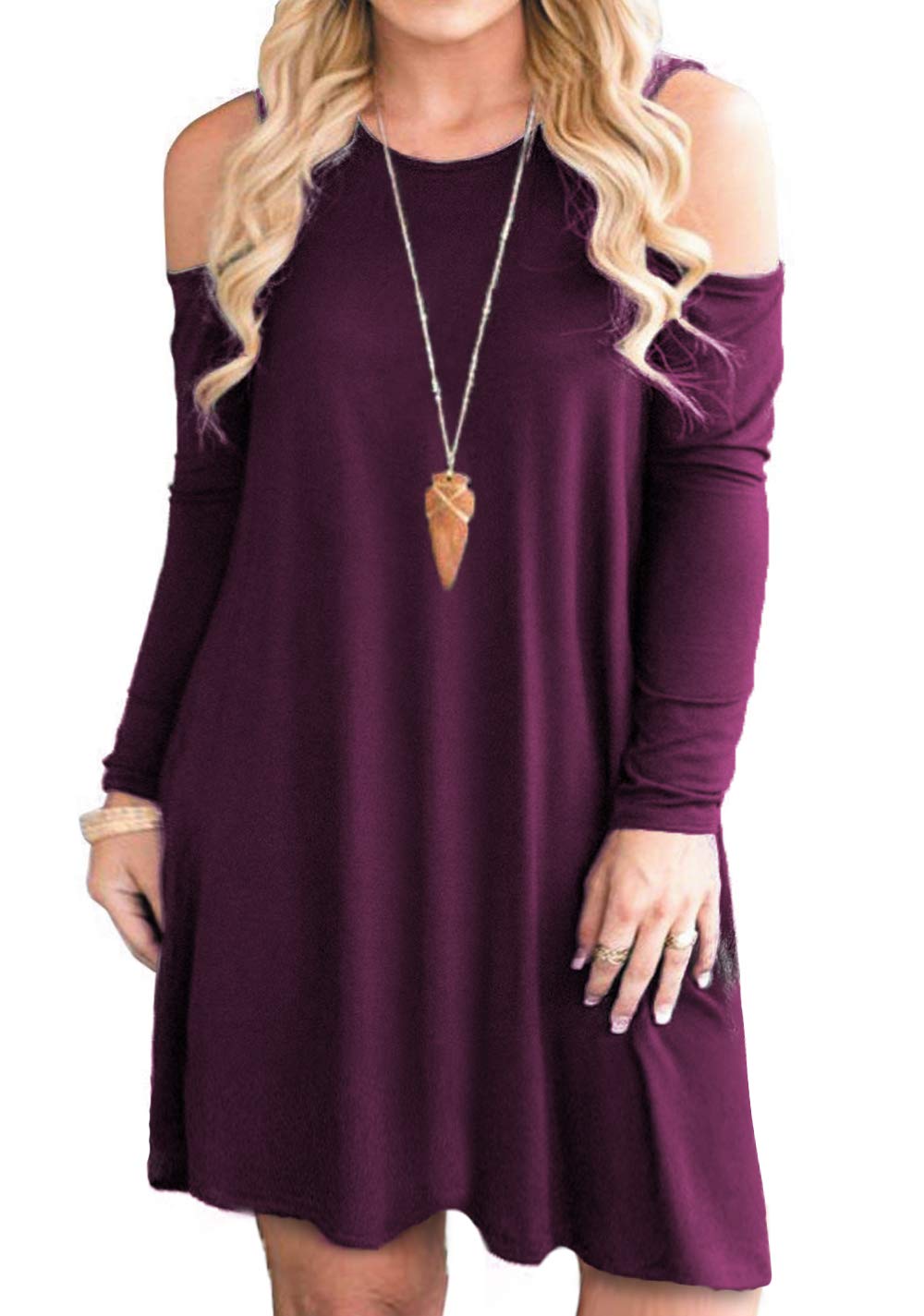 Tralilbee Women's Plus Size Long Sleeve Cold Shoulder Swing Casual Dress with Pockets Mulberry 4XL