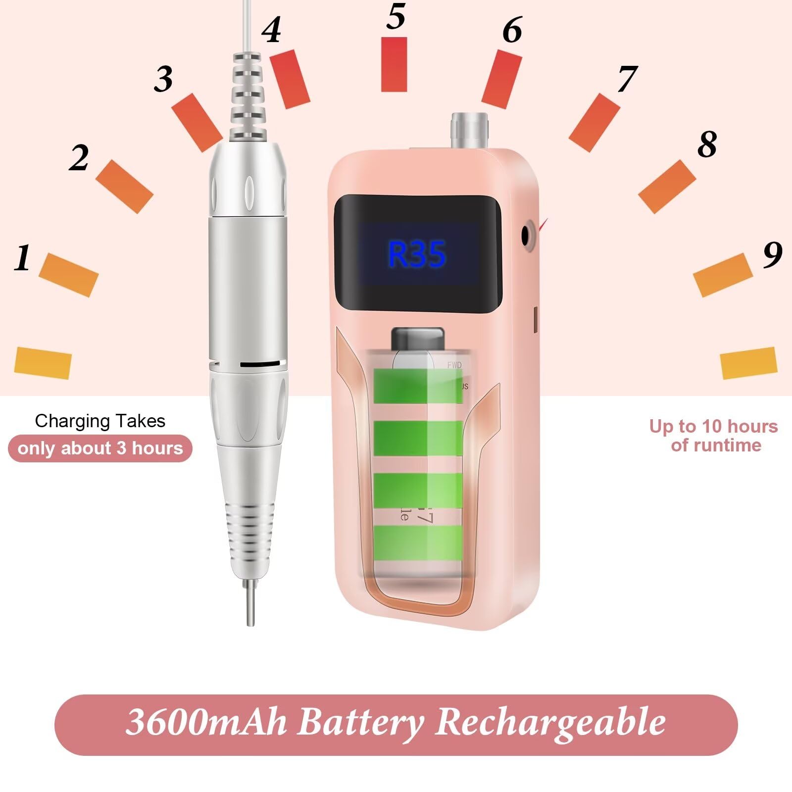Electric Nail Drill, DELIFO Portable Nail Drill Professional PedicureRechargeable 35000 RPM Nail File Machine Acrylic Nails Polishing Tools with Bits LED Display for Home Salon Manicure - Image 6