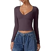 QINSEN Women's Long Sleeve V Neck T Shirts Double Lined Crop Top Seamed Cup Going Out Tops