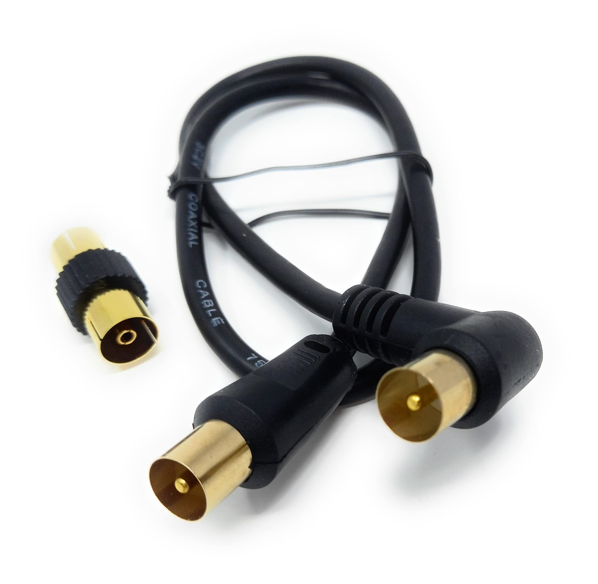 DRUT 40cm short TV RF Right Angle Male to Male Aerial Antenna Coaxial Cable With Female to Female Coupler Gold Connectors 75 ohm, 3C2V 1.3ft Black