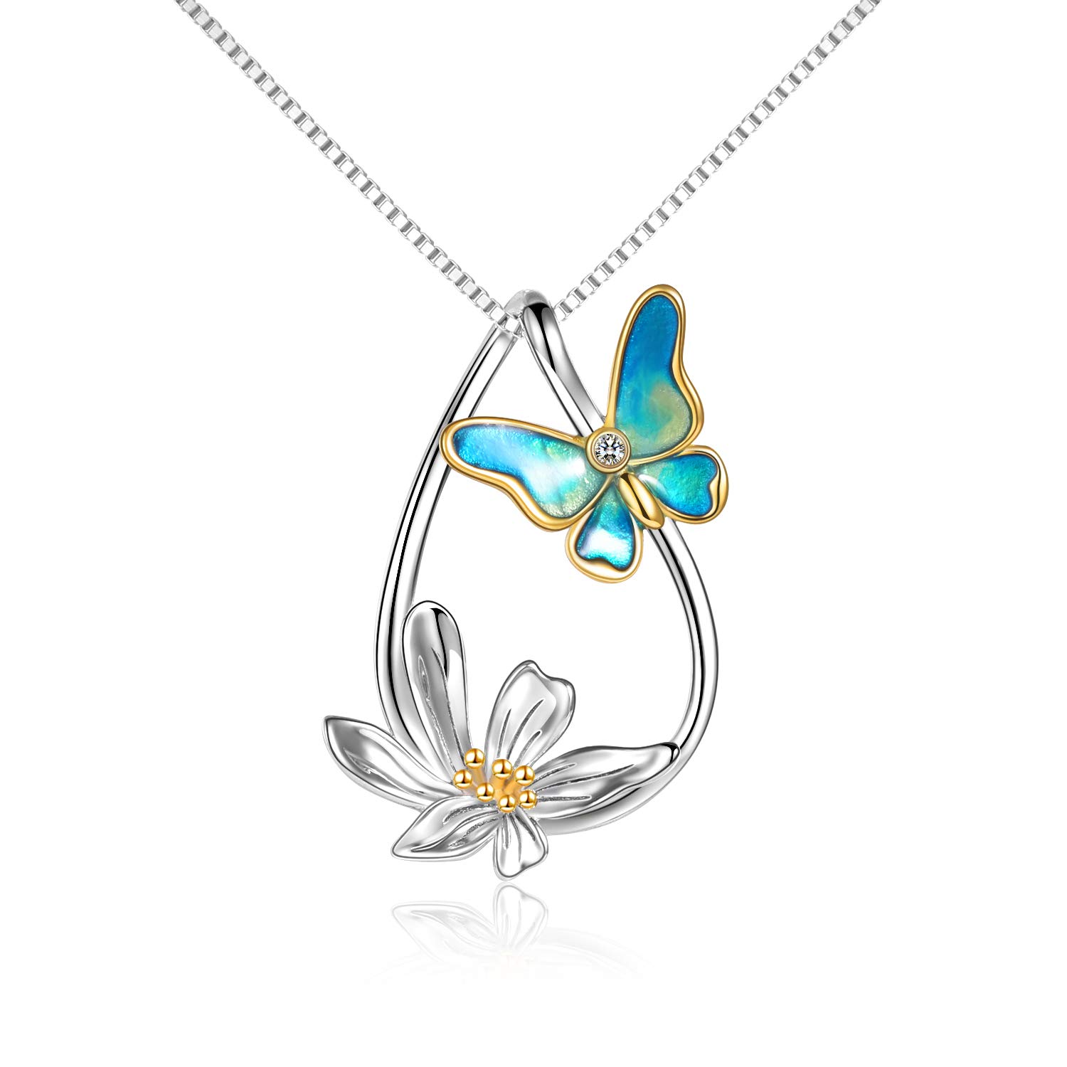 YAFEINI Butterfly Necklace Sterling Silver Teardrop Daisy Butterfly Pendant Necklace Jewellery Mothers Christmas Gifts for Women Mum Daughter