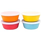 WeeSprout Bamboo Kids Bowls with Lids, Set of Four 10 oz Kid-Sized Dinnerware, Cereal, Leftovers & Snack Bowl, Dishwasher Safe (Blue, Yellow, Orange, & Red)