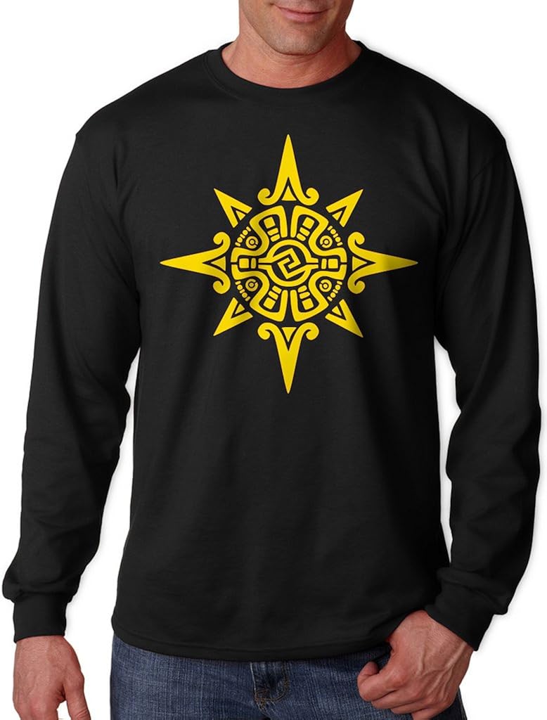 Amazon Yellow Ancient Aztec Sun Symbol Tee V383 Men s Black Long 