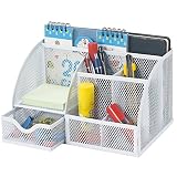 Bonsaii Steel Mesh Desk Organizer, 6 Divided Compartments with 1 Slide Drawer, White (W6348)