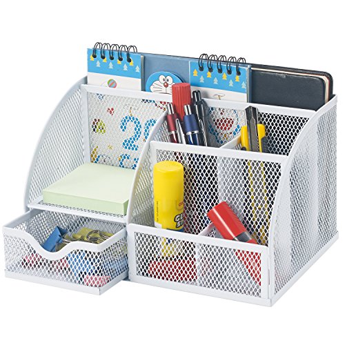 Bonsaii Steel Mesh Desk Organizer, 6 Divided Compartments with 1 Slide Drawer, White (W6348)