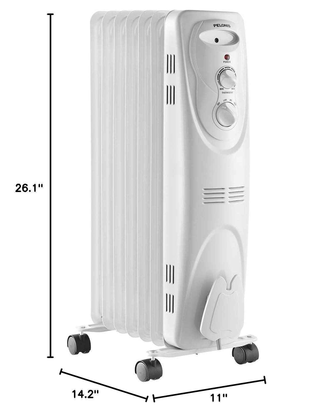 PELONIS PHO15A2AGW, Basic Electric Oil Filled Radiator, 1500W Portable Full Room Radiant Space Heater with Adjustable Thermostat, White, 26.10 x 14.20 x 11.00 in