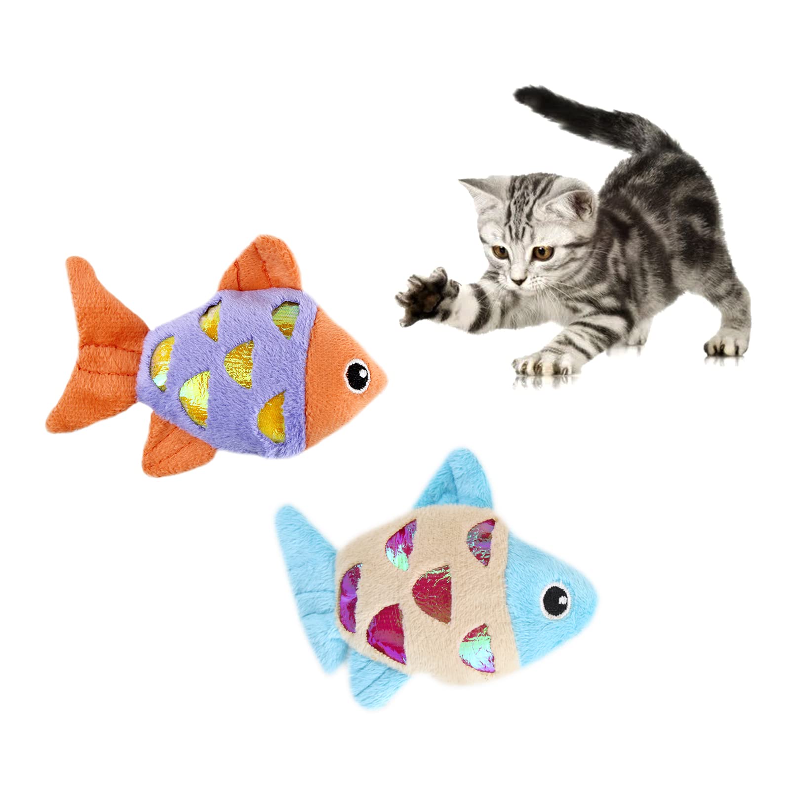 Andiker Cat Catnip Toys, 2pcs Small Cat Fish Toys with Crinkle Shine Ring Paper to Make Sound to Catch Your Cats Eyes and for Your Cats to Chew and Catch Interactive Cat Toys