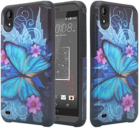 HTC Desire 530 Case, Desire 555 Case, Desire 550 Case, Desire 630 Case, Hybrid Dual Layer Hard Cover Silicone Skin Case - Blue Butterfly