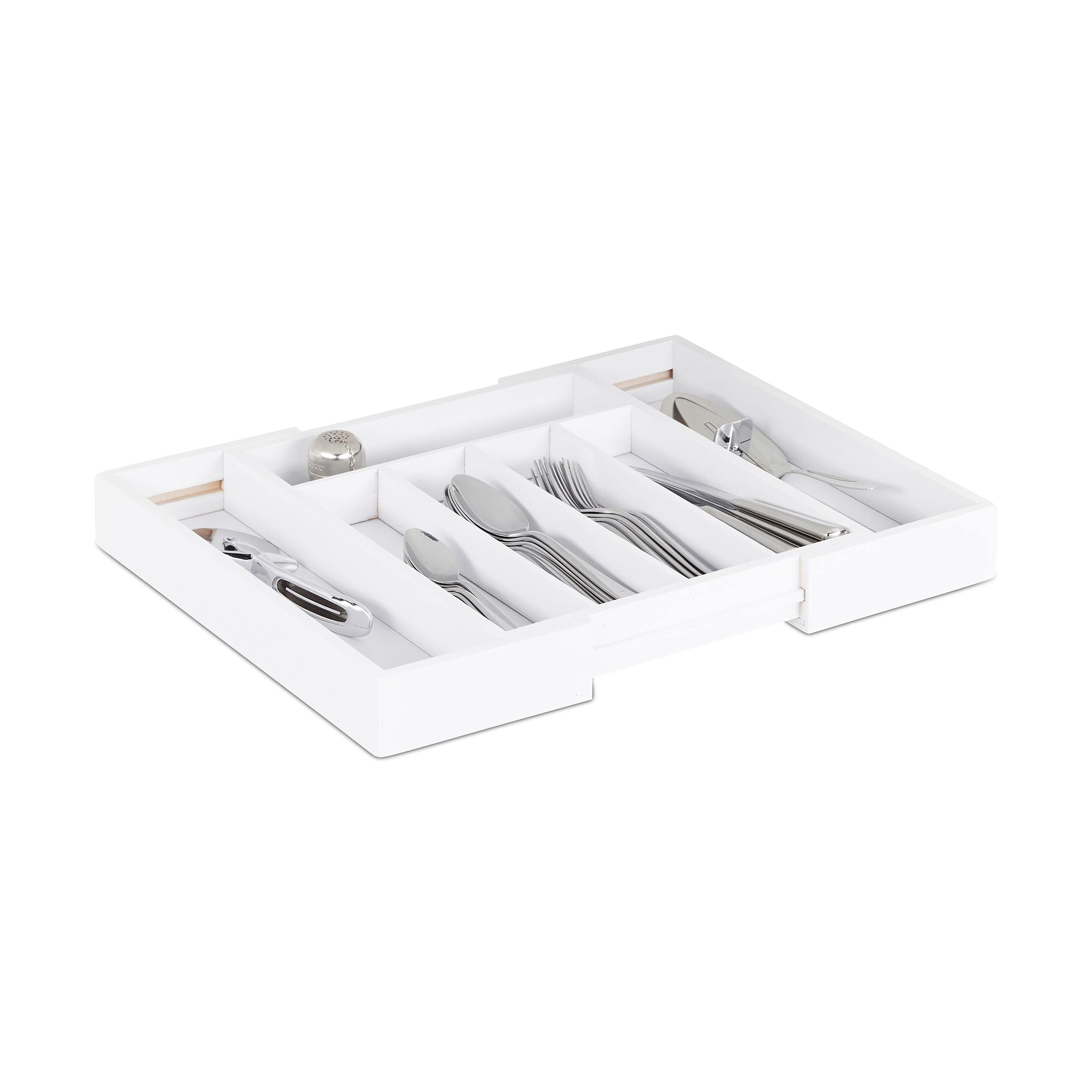 Relaxdays cutlery tray drawer, extendable, variable width, 5 - 7 compartments, bamboo organizer, 37.10 x 31.80 x 5.20, white
