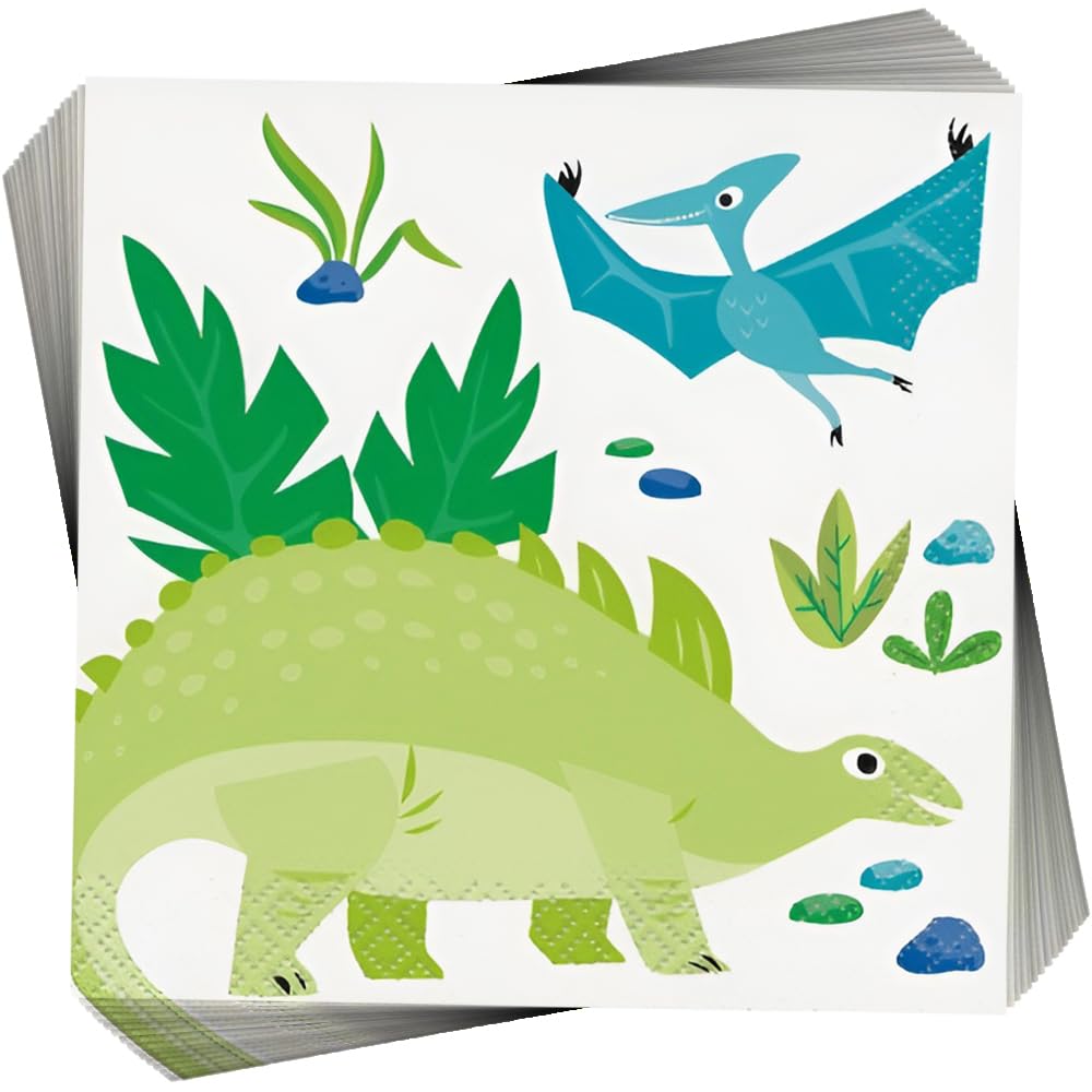 Roaring Fun Dinosaur Beverage Napkins (16cm) - Blue & Green Jungle Adventure Design - Perfect for Kids' Parties, Events, and Celebrations - 16ct