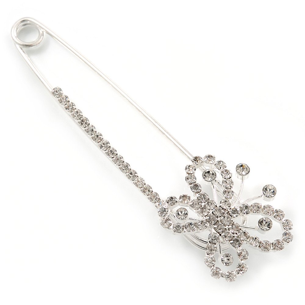 Rhodium Plated Clear Crystal Butterfly Safety Pin Brooch - 85mm L