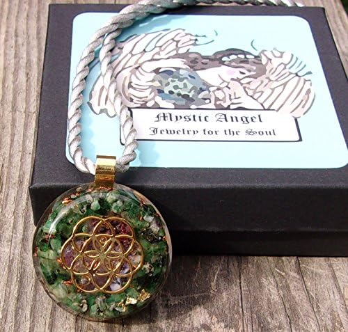 Gold Seed of Life Pendant with Emerald, Moldavite &amp; Amethyst